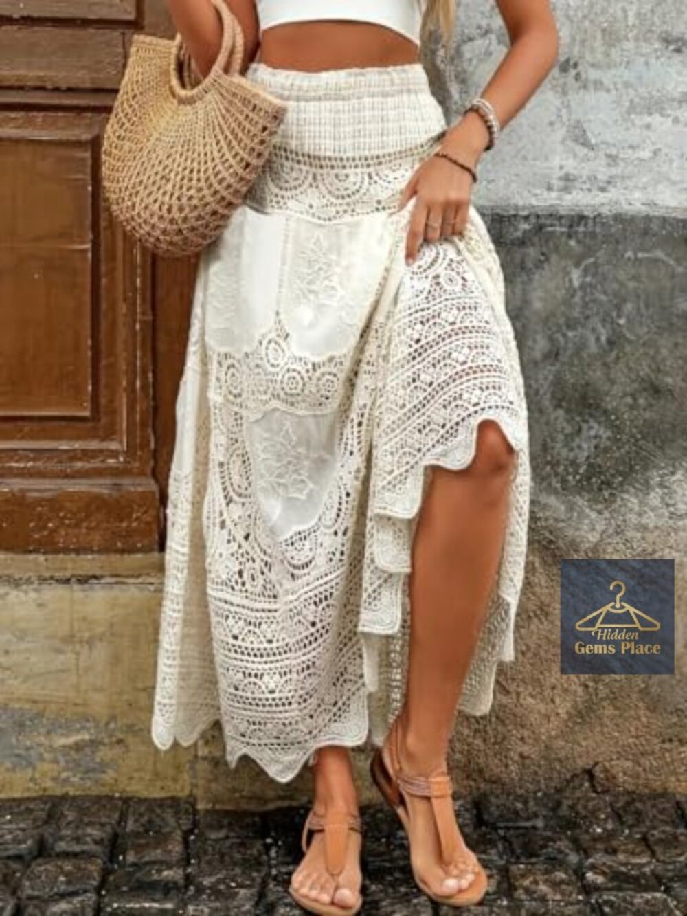 Floral Embroidered Maxi Skirt Elastic Waist Flared Long Boho A-Line - Picture 3 of 7